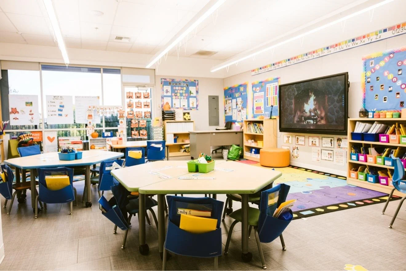 Classroom with group tables and bulletin boards