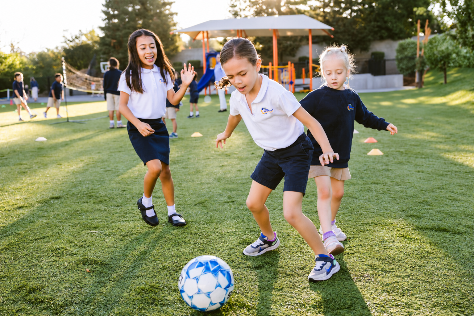 Students playing soccer on a grass field