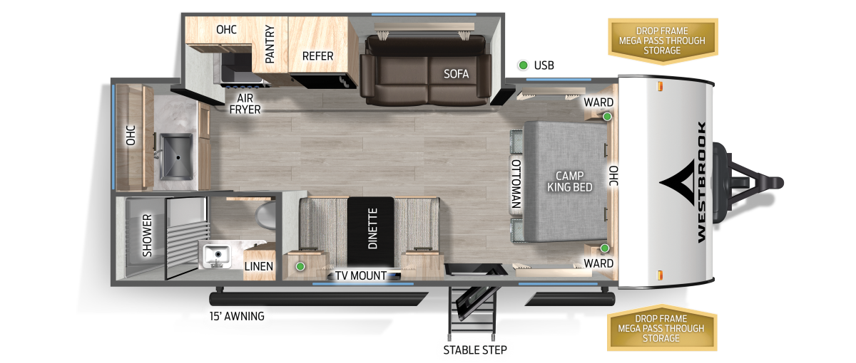 Floor plan of a travel trailer with a front bedroom, living area, kitchen, bathroom, and outdoor awning.