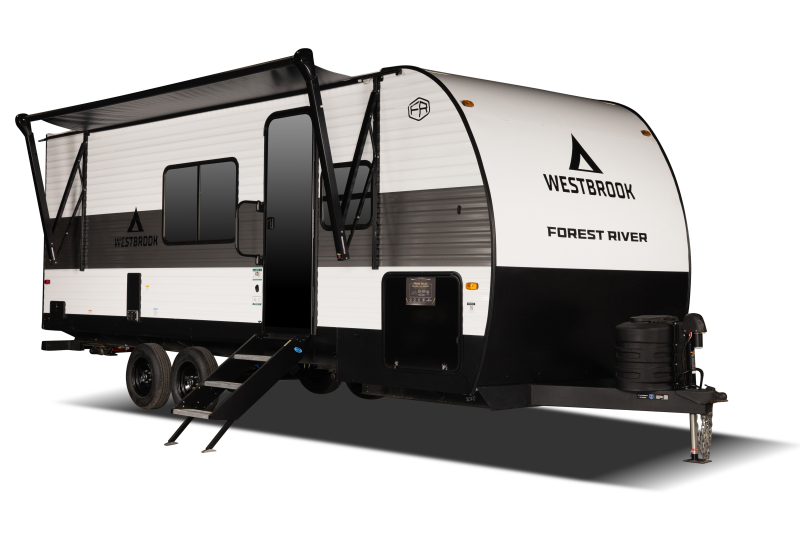 A white and black Forest River Westbrook travel trailer with steps leading to the door, a window, and stabilizer jacks, against a black background.