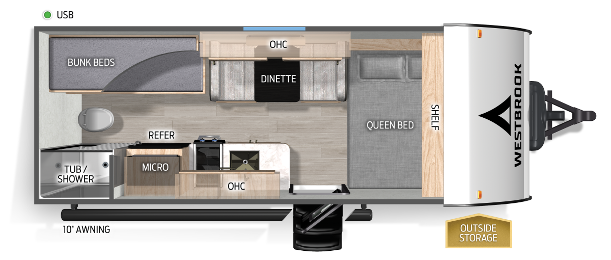 Interior layout of a travel trailer with bunk beds, a toilet, a tub/shower, a microwave, a refrigerator, a dinette, a queen bed, and outdoor storage.