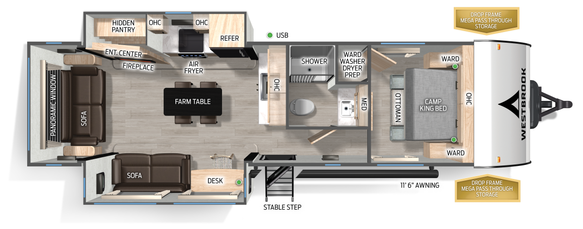 Floor plan of a showing a living area with sofas, a desk, a farm-style dining table, a kitchen with a pantry, and storage compartments.