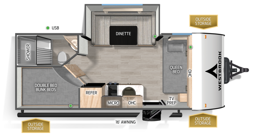 Floor plan of an RV featuring a queen bed, dinette, double bunk beds with shower and toilet, kitchen with refrigerator and microwave, TV prep area, and outside storage with a 16-foot awning.
