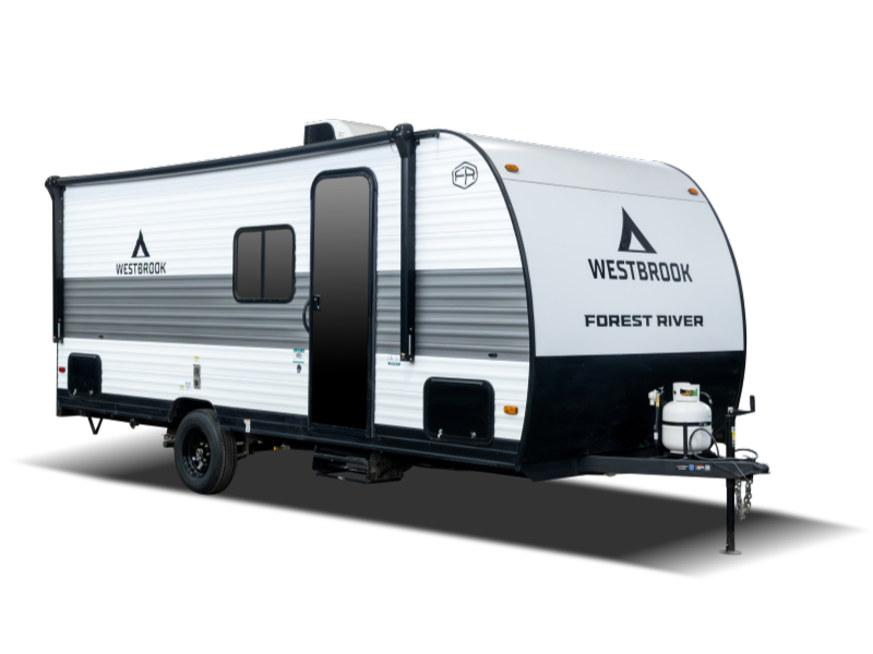 A white and black travel trailer with the brand name Westbrook and model Forest River, equipped with a propane tank on the front.