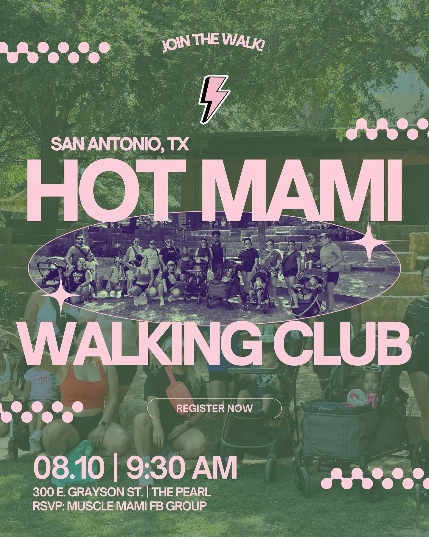 SATX hot mami walking club!!! 🏁🩷⚡️✨

[free event] 
this Saturday, August 10th
meet up: 9:30 am in front of Bakery Lorraine 
start time: 9:45 am 
📍 @historicpearl 
300 E. Grayson St 

purpose is to build community of like minded women here in SATX 