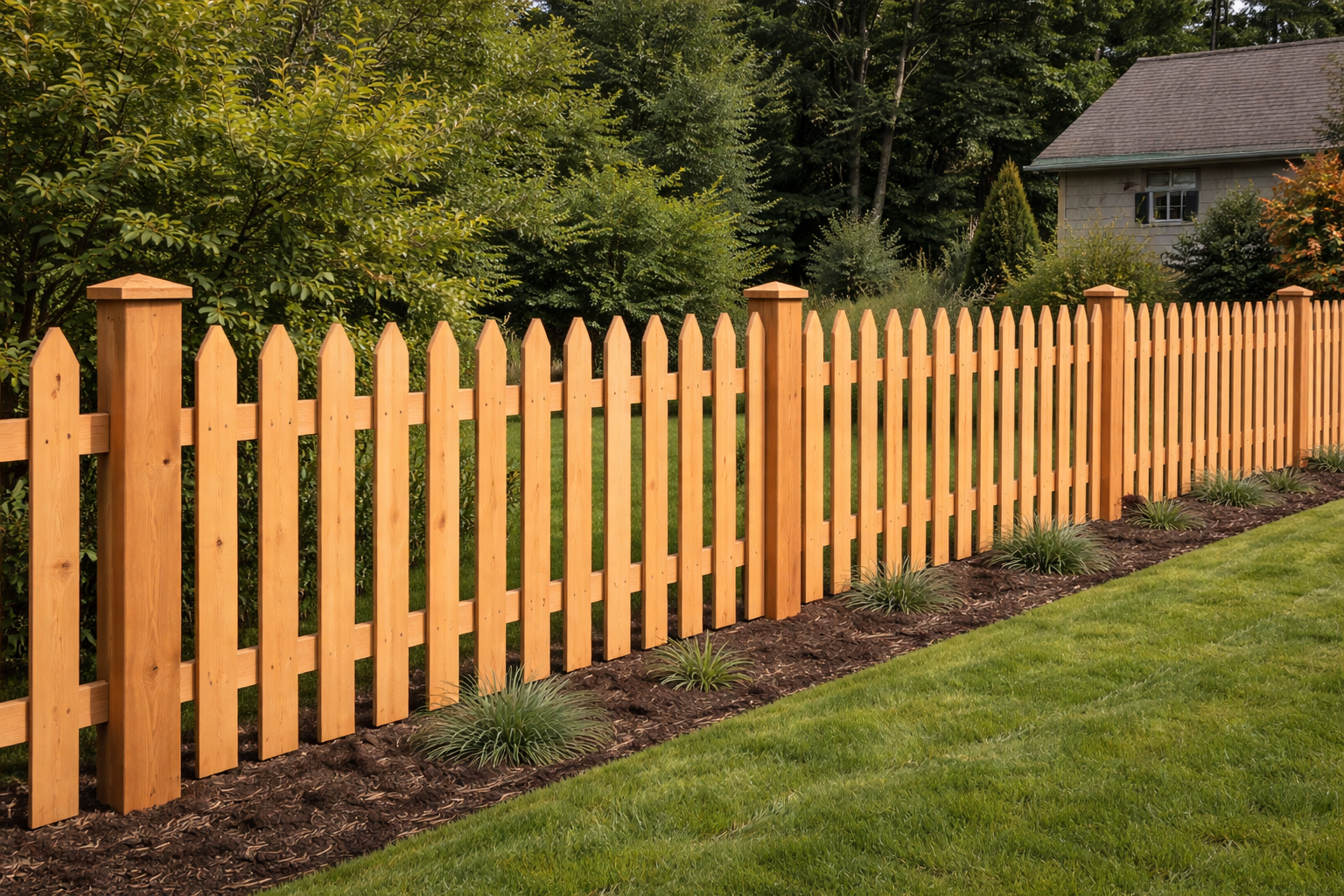 A wooden picket fence with evenly spaced vertical slats and posts surrounds a grassy yard. Behind the fence, there are trees and a gray house with a shingled roof.