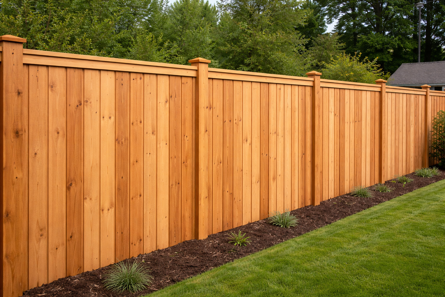 Wooden privacy fence with vertical panels and evenly spaced posts, surrounding a grassy yard with small plants and trees in the background.