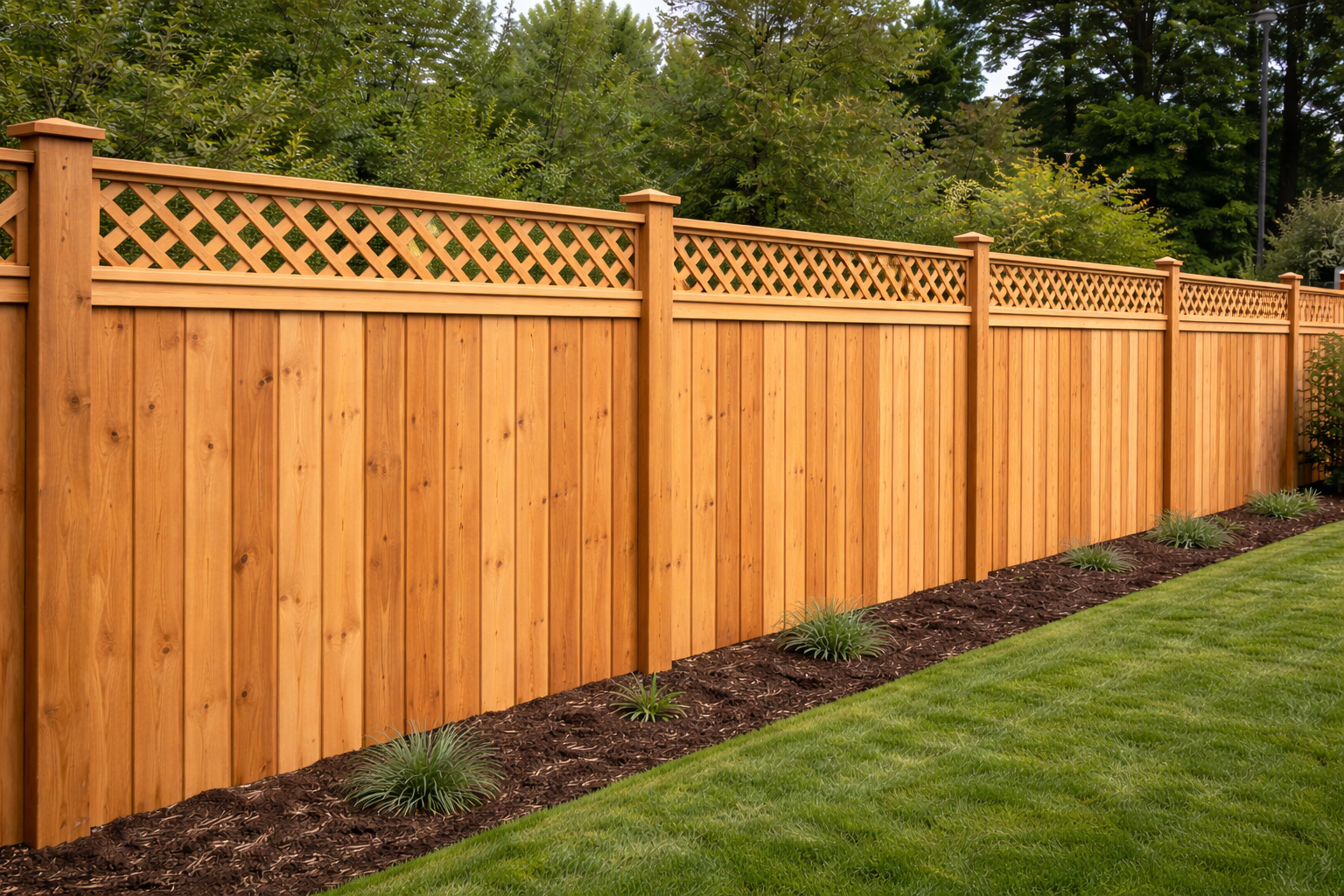 A wooden privacy fence with decorative lattice top runs alongside a well-manicured lawn with small plants along the base.