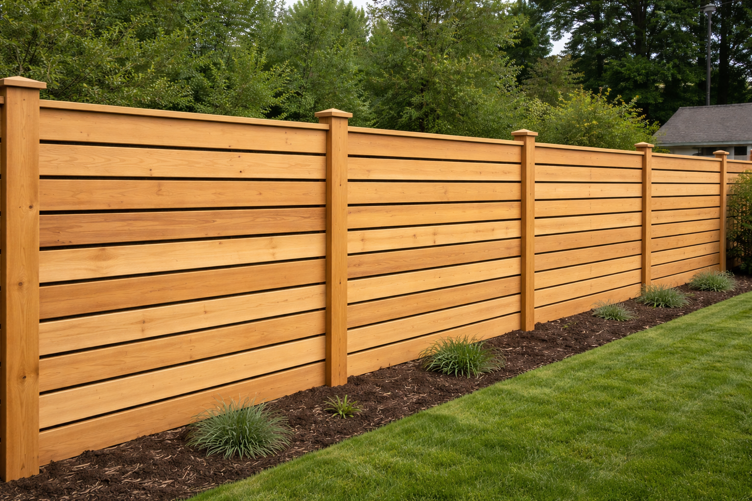 A wooden privacy fence with horizontal slats, supported by vertical posts, next to a well-maintained lawn with small plants and mulch.