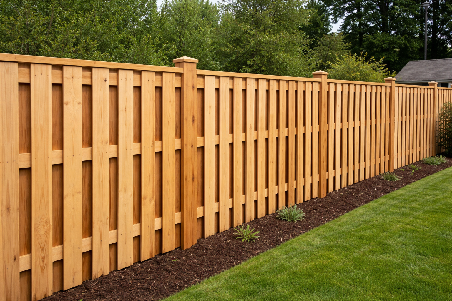 A tall wooden fence with vertical slats and posts, running parallel to a well-maintained green lawn with small plants along the base.