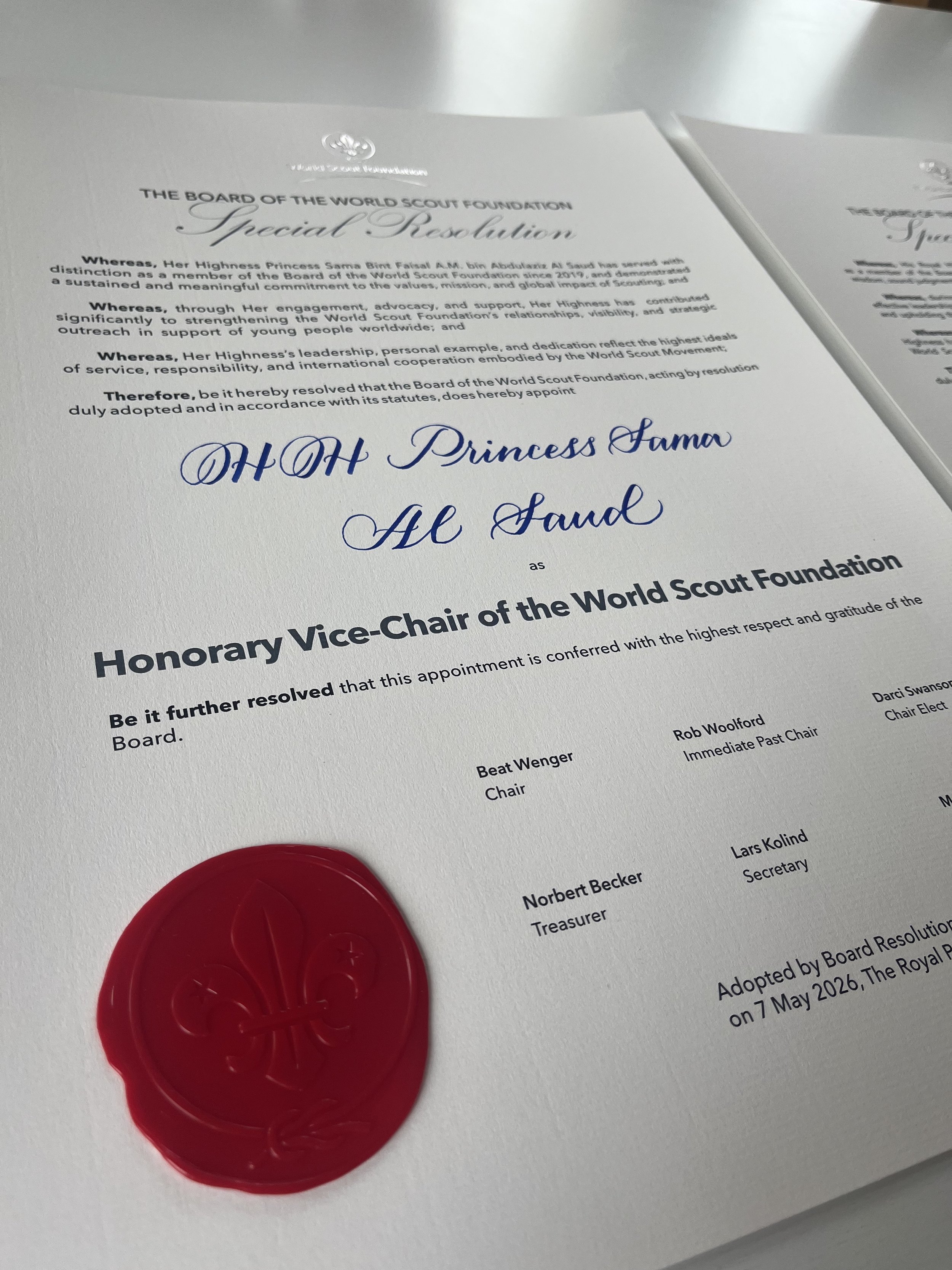 Calligraphed certificates for the World Scout Foundation Event 2026