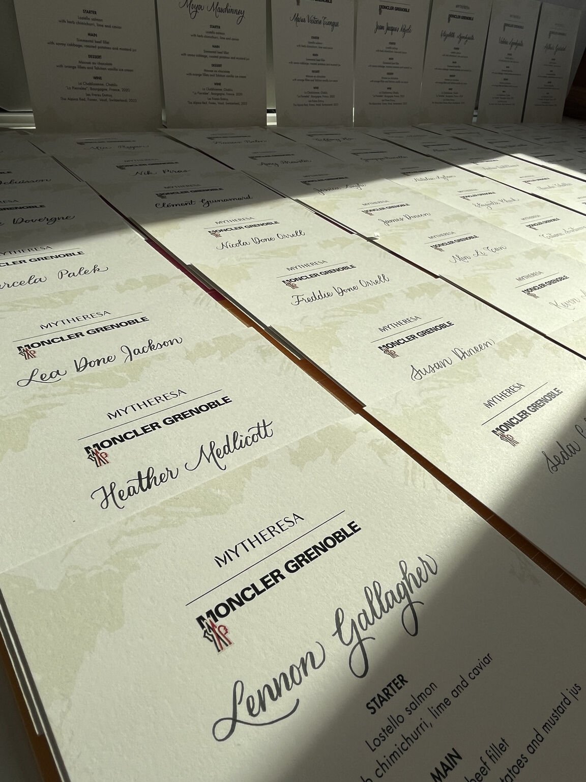 Calligraphed menus for Moncler X Mytheresa event
