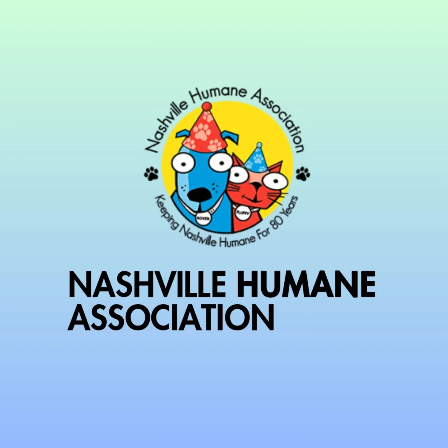 Logo for Nashville Humane Association featuring a cartoon dog and cat wearing party hats, with text indicating it is celebrating 80 years of fostering Nashville humane efforts.