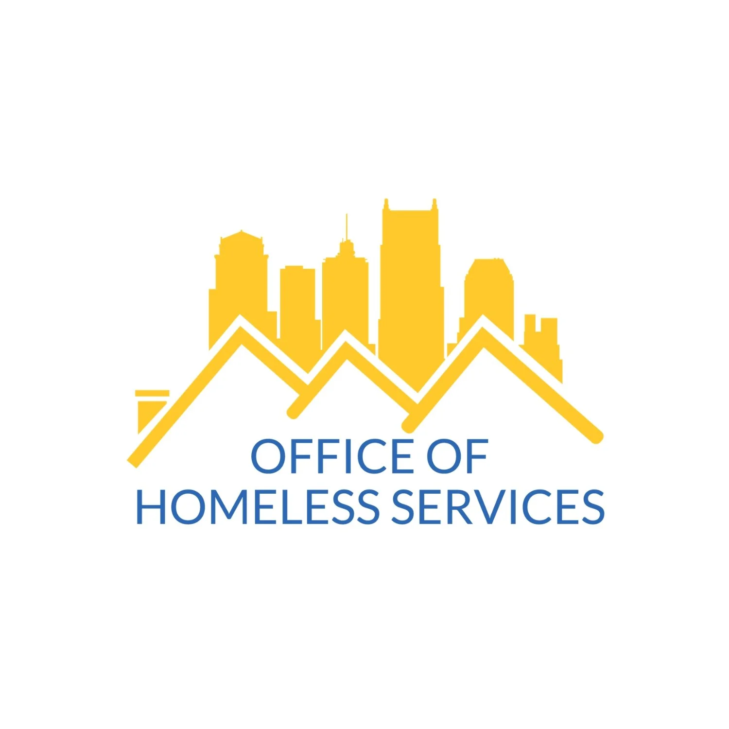 Logo of the Office of Homeless Services featuring a yellow city skyline and mountain outline with blue text.