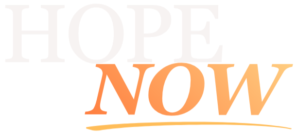 The words 'HOPE' and 'NOW' in stylized, colorful text with a ribbon underneath.