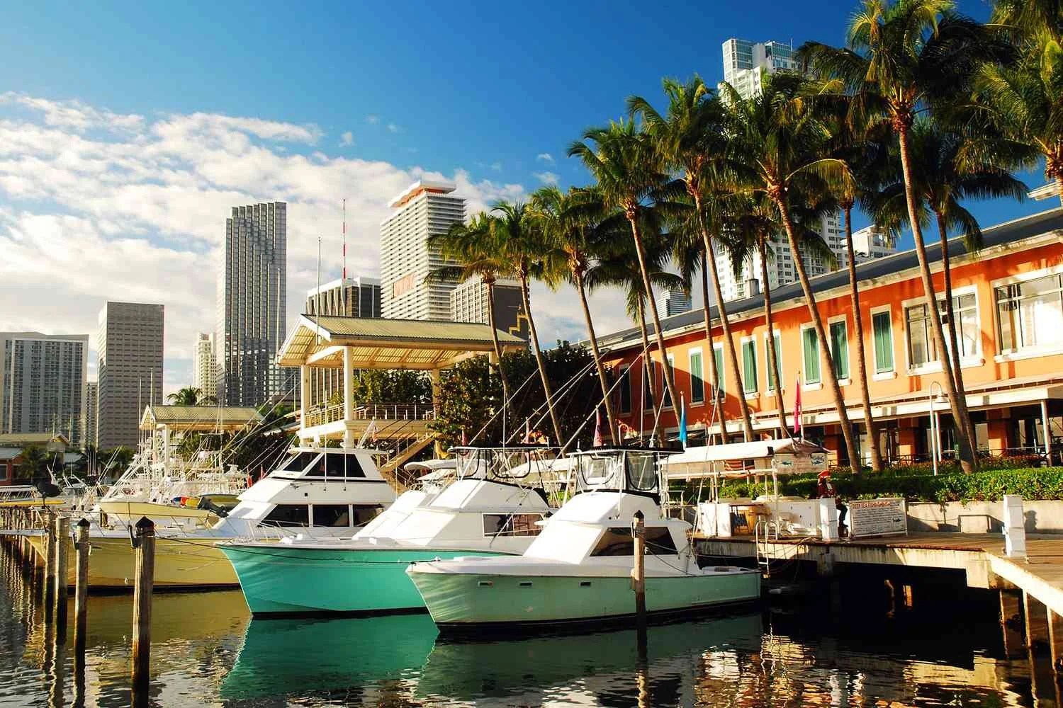 Boats docked along a waterfront with palm trees, a vibrant orange building, and tall skyscrapers in the background under a blue sky with some clouds.