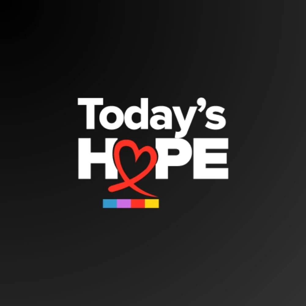 The image contains the words "Today’s HOPE" with a red heart-shaped ribbon and a small rainbow-colored bar underneath on a black background.