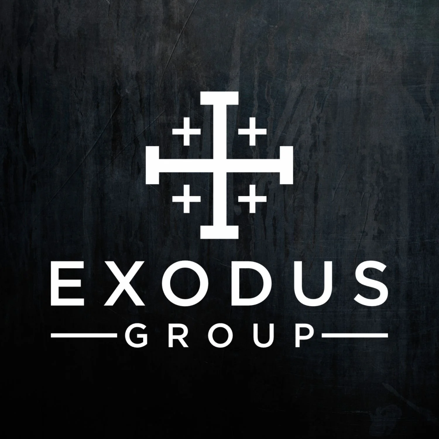 A logo for Exodus Group featuring a white cross with plus signs at the end of each arm, on a dark textured background.