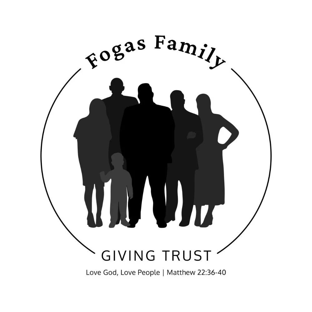 Silhouette family photo with five adults and one child, circular logo with text "Fogas Family" at the top, and "Giving Trust" at the bottom, Bible verse reference Matthew 22:36-40 at the bottom, about love for God and people.
