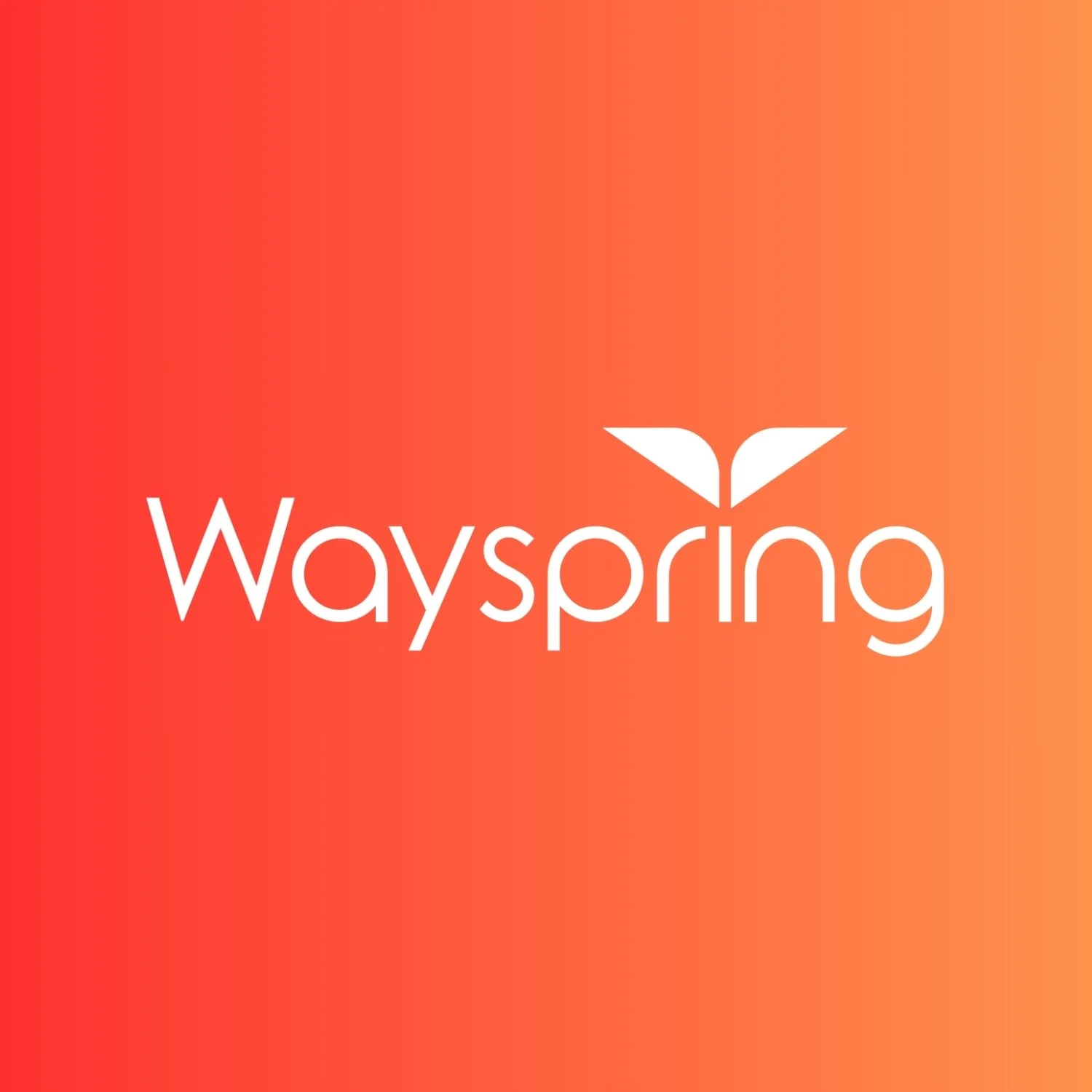 Logo for Wayspring with orange gradient background, white text, and a stylized sprouting leaf above the letter 'i'