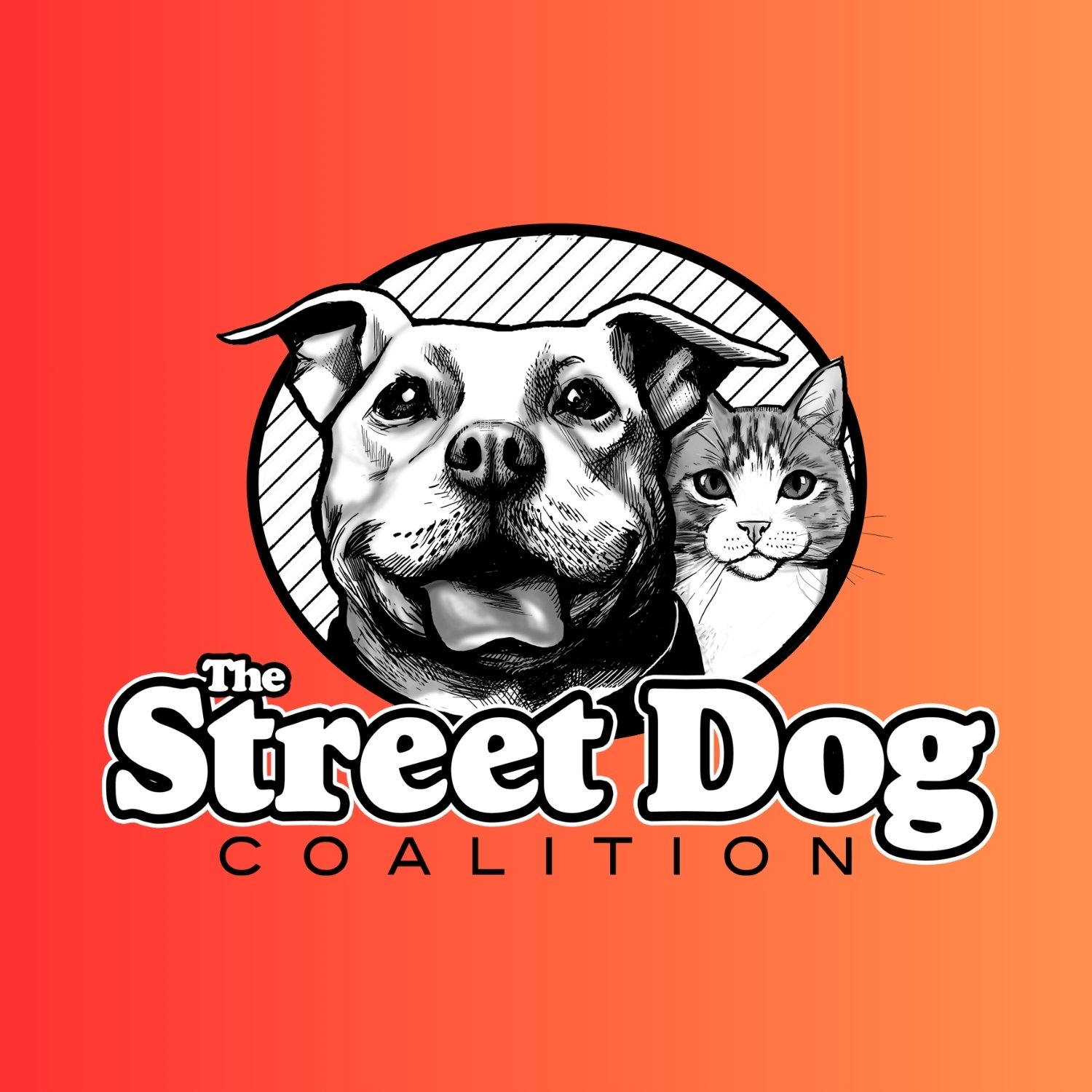 Black and white illustration of a dog and a cat inside a circular frame on a red-to-orange gradient background with the text 'The Street Dog Coalition' beneath.