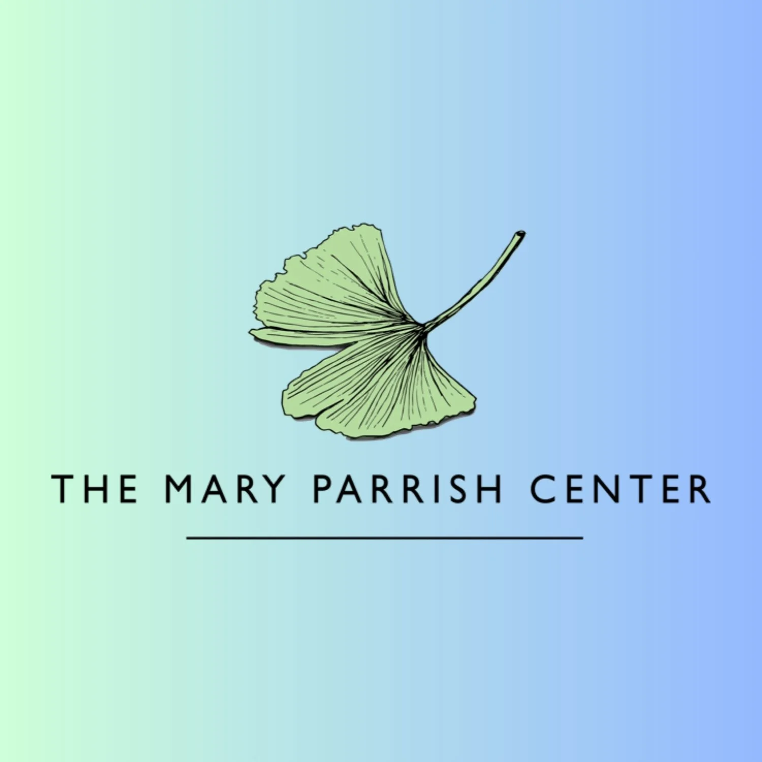 Logo for The Mary Parrish Center featuring a stylized green ginkgo leaf on a pastel blue and green background.