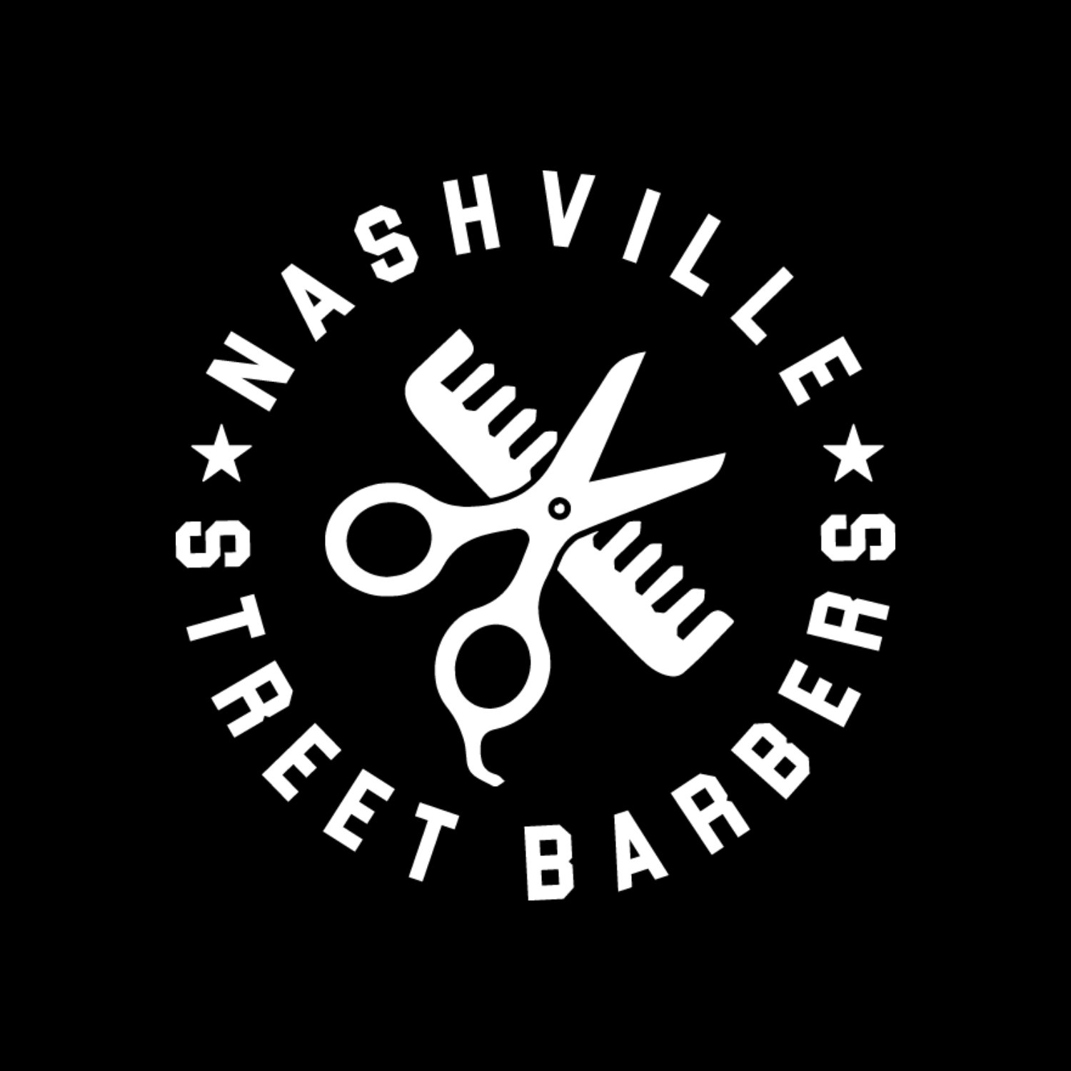Black circular logo with white text and scissors illustration, featuring the words "NASHVILLET BARBERS" and "TRIM REYES" arranged around the circle.
