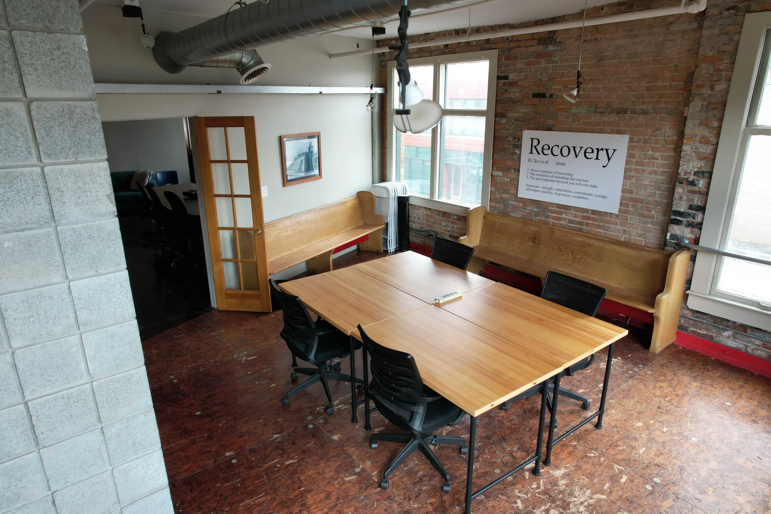 A meeting room set up for recovery groups.
