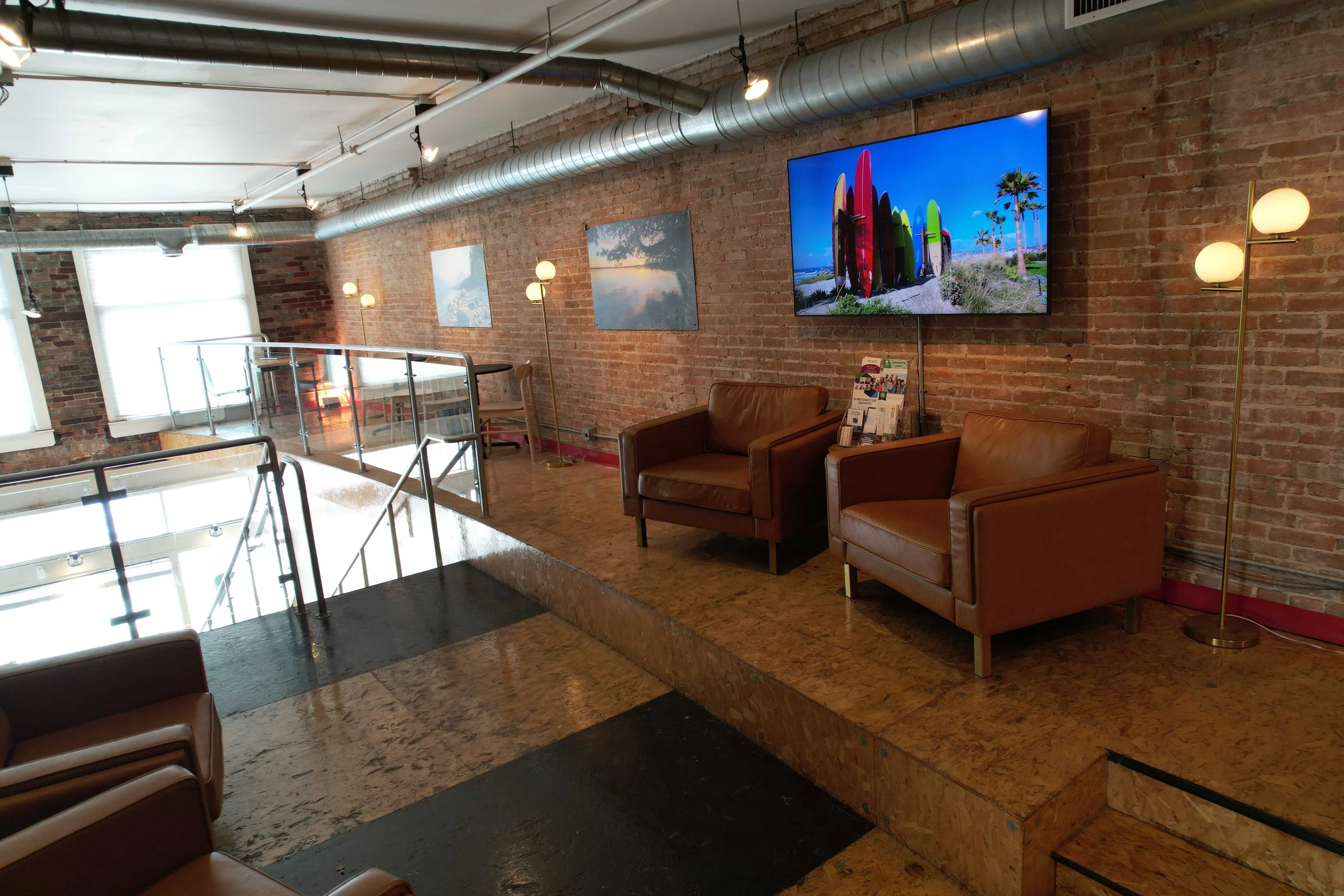 Lounge and open work space on the upper level.