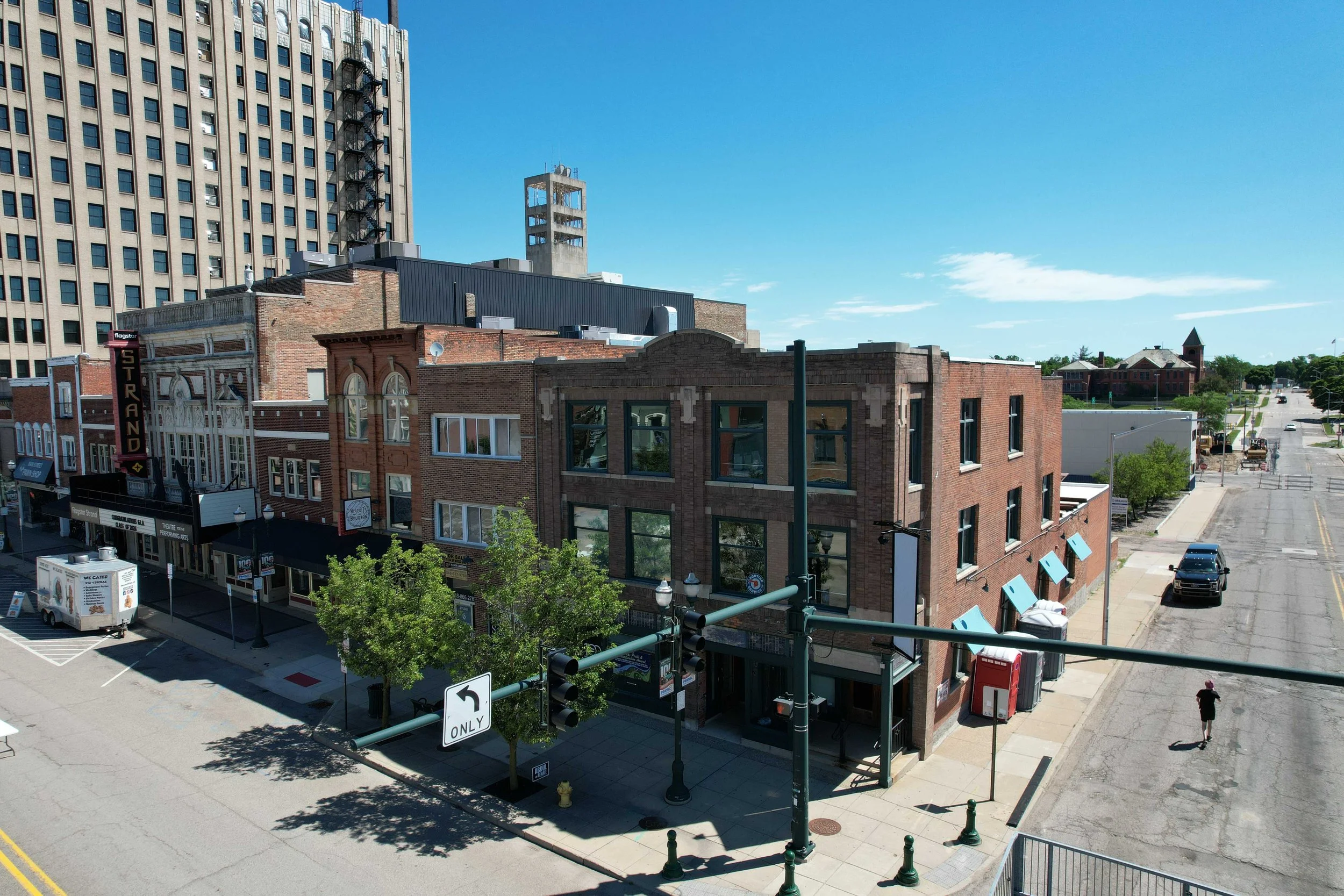 Aerial view of our building on the corner in downtown Pontiac, Michigan.