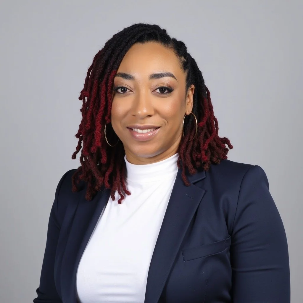 Professional woman with shoulder-length dreadlocks, smiling, wearing hoop earrings, a navy blazer, and a white top against a light gray background.