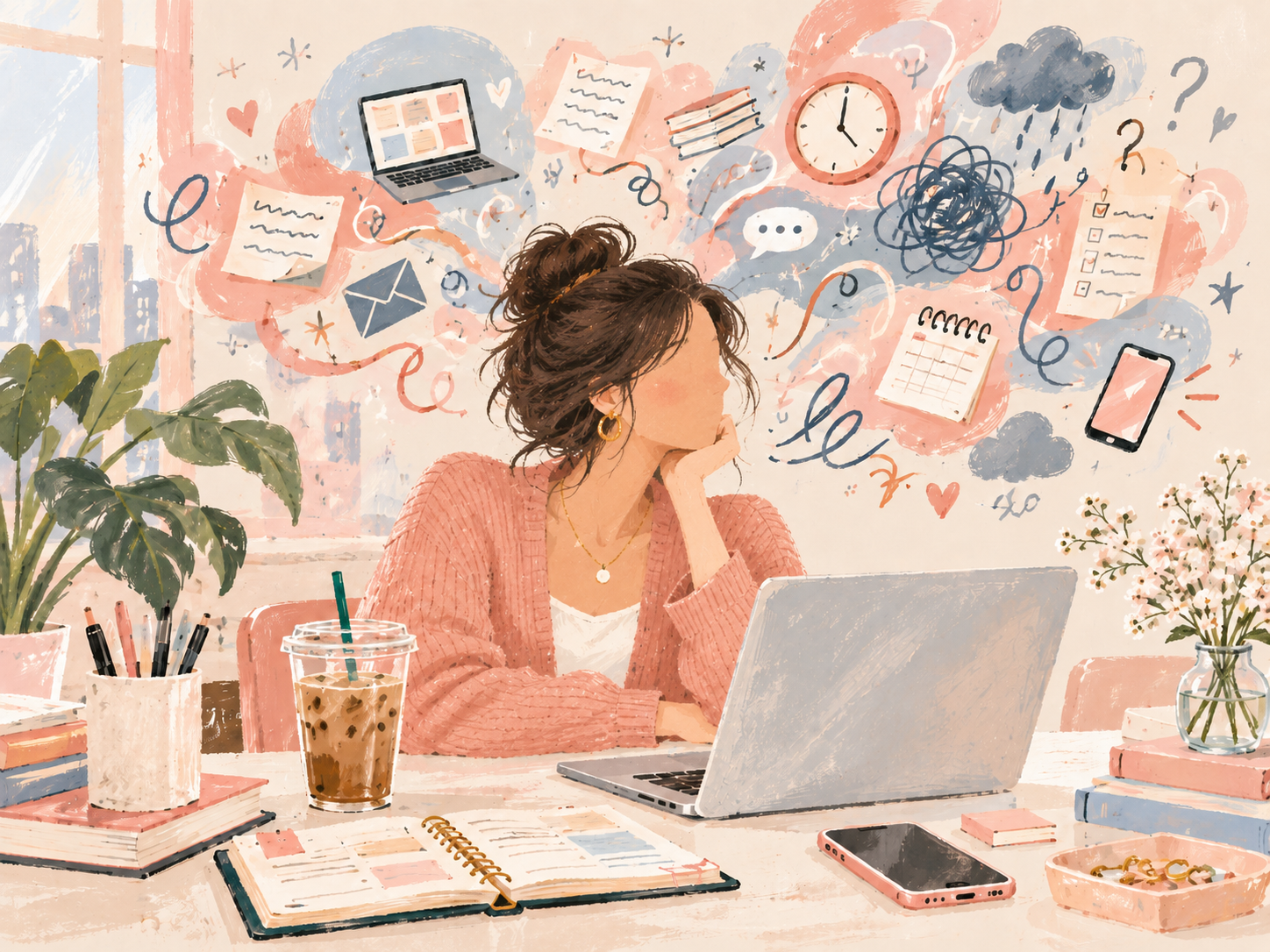 Illustration of a woman at a laptop with anxious thoughts around her, representing high-functioning anxiety and online therapy for women in Florida.