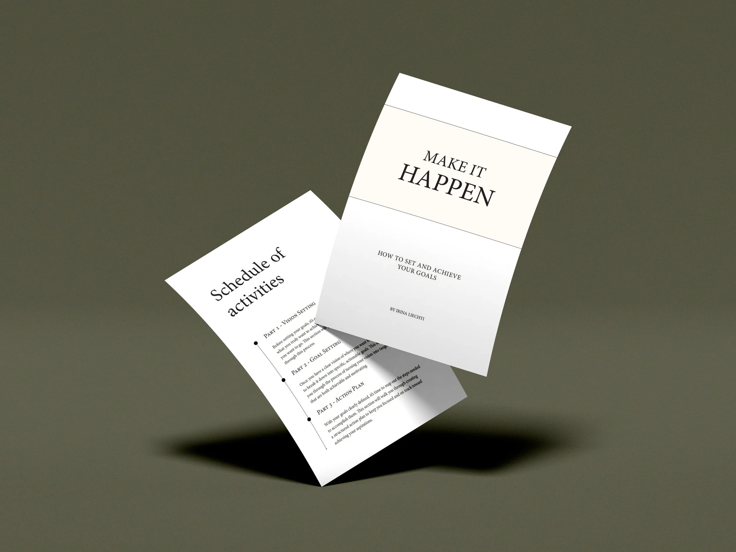Two white paper documents floating against a gray background, one titled 'Make It Happen: How to Set and Achieve Your Goals,' and the other titled 'Schedule of activities.'