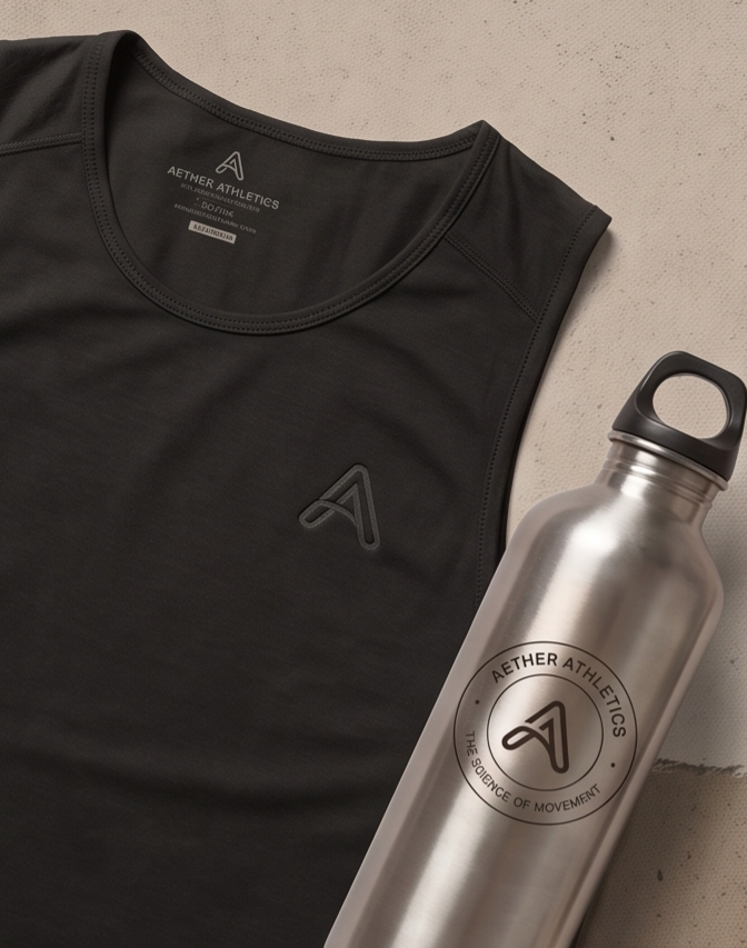 Visual identity brand board for Aether Athletics featuring an adaptive loop monogram logo, a color palette of slate green, beige, and black, typography specs, and athletic wear mockups
