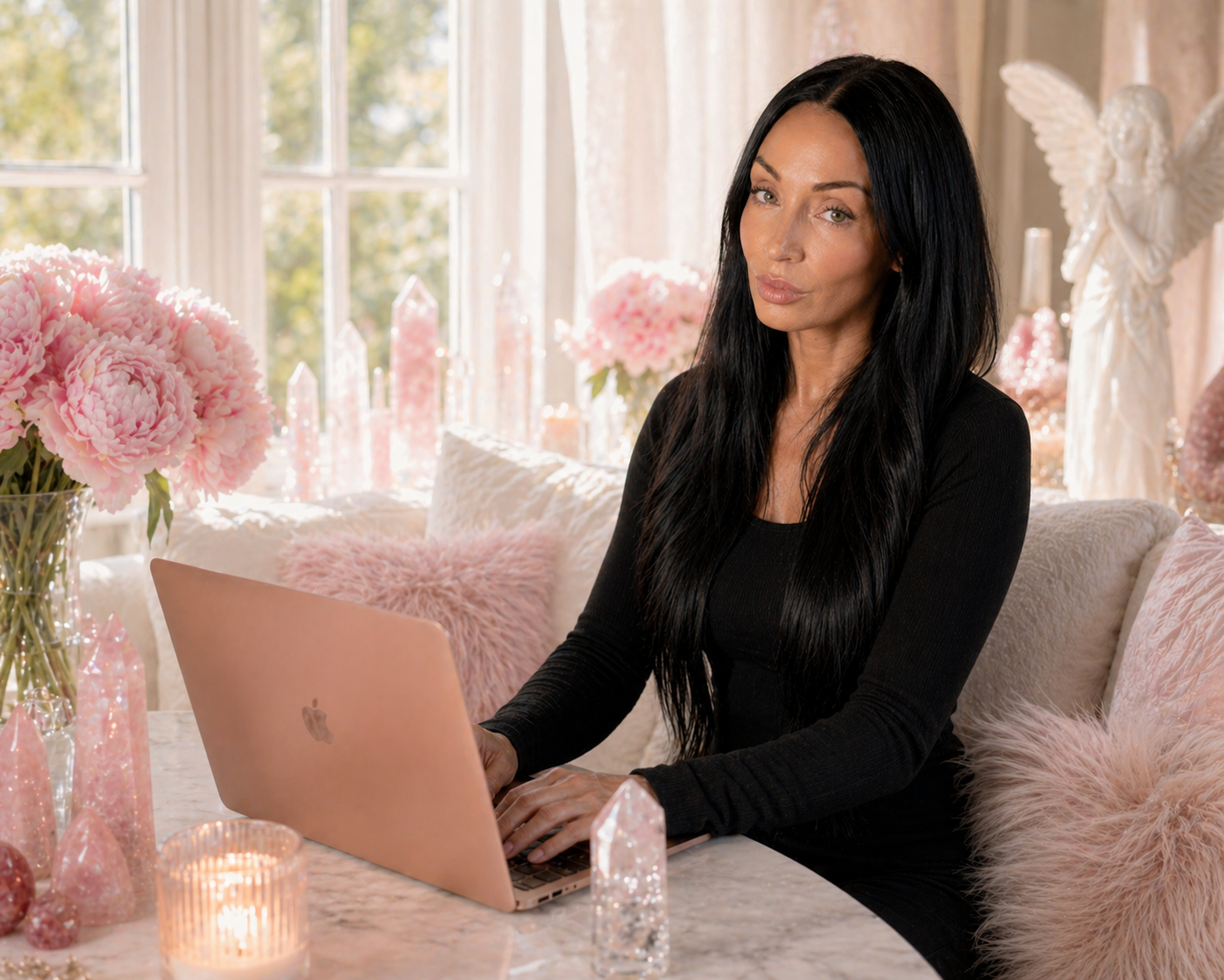 A woman with long black hair works on a rose gold MacBook in a sunny, decorated room with pink flowers, plush pillows, and angel statues.