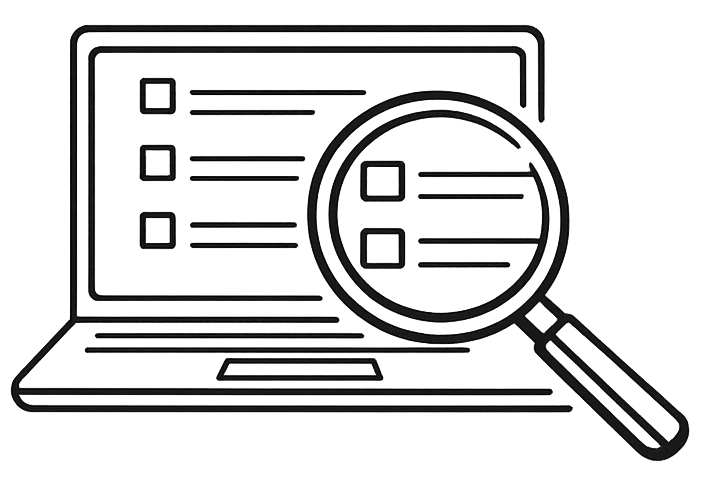 Line drawing of a laptop screen behind a magnifying glass.