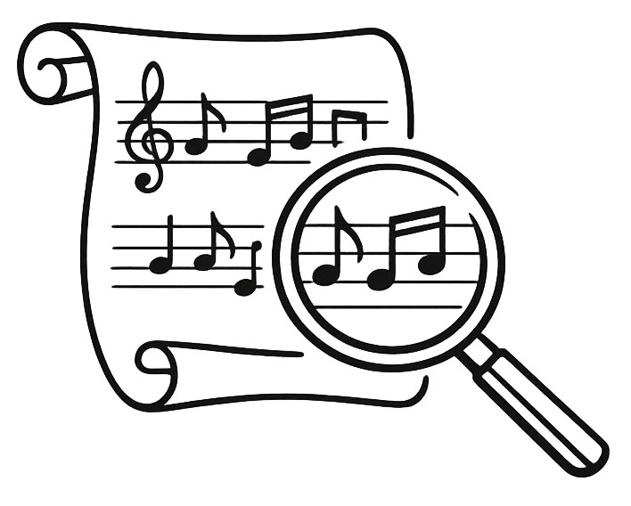 Line drawing of sheet music behind a magnifying glass.