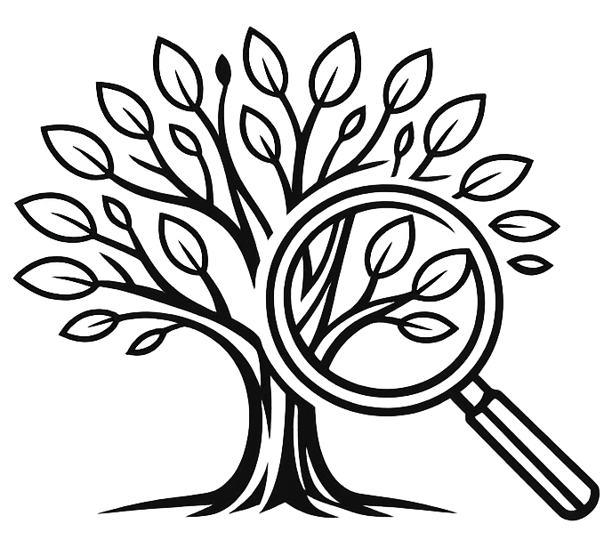 Line drawing of a tree behind a magnifying glass.