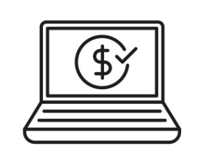 Line drawing of a laptop with a dollar sign, checkmark, and coin on the screen.