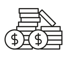 Stack of coins with dollar signs in front of a pile of dollar bills.