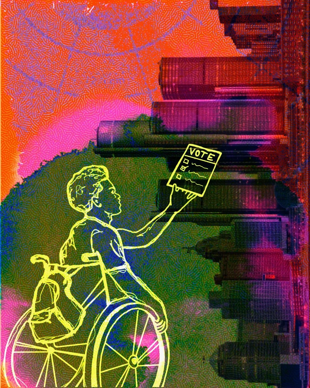 Illustration of disabled voter against Detroit skyline