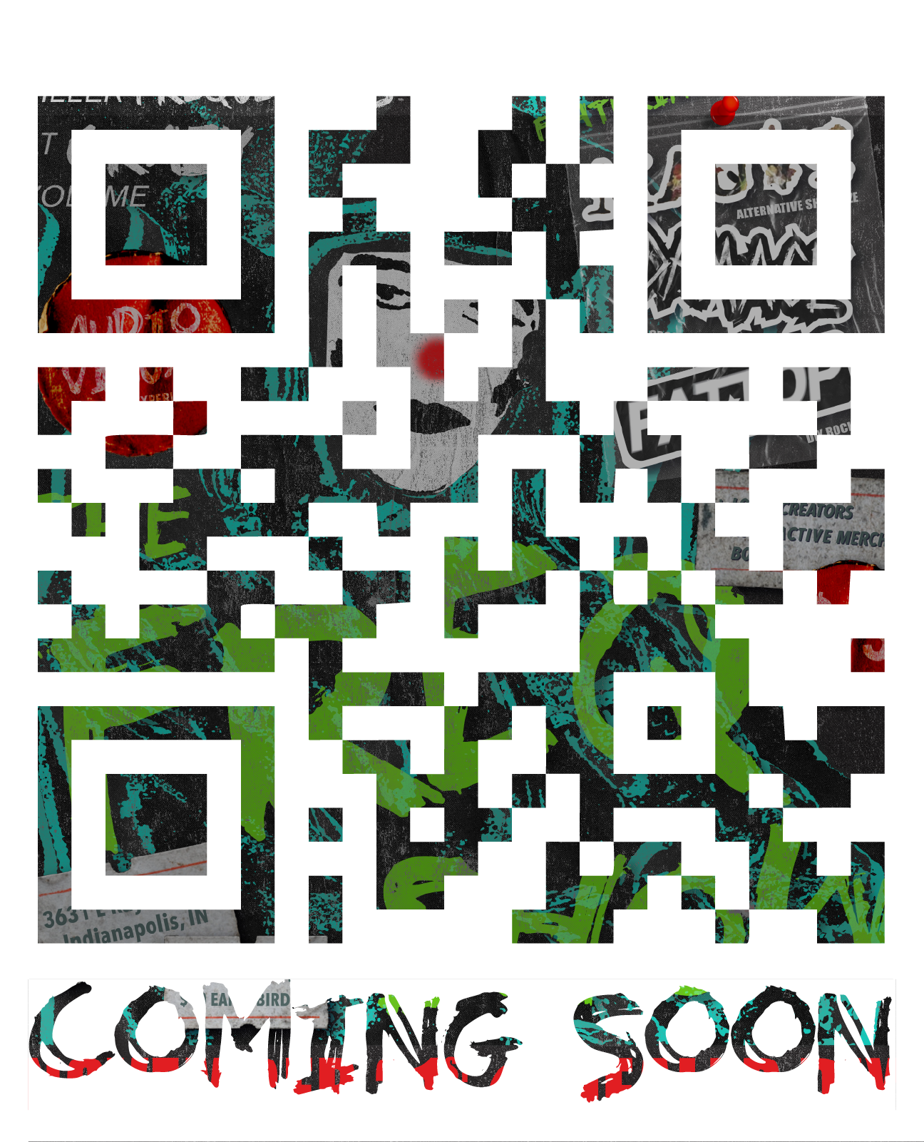A QR code with a background of various graffiti-style artwork including a face, text, and colorful designs, with the words 'COMING SOON' at the bottom.