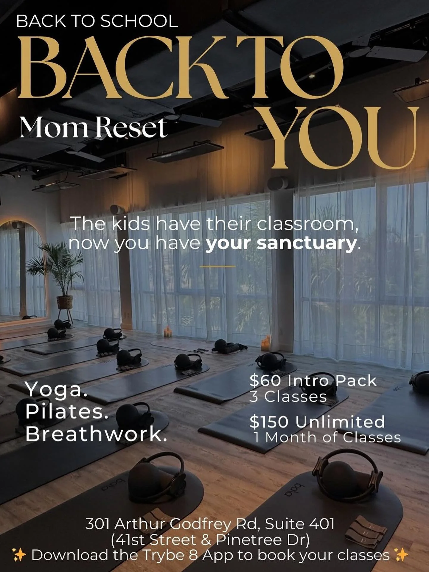 ✨ Attention Mid-Beach Moms ✨
We see you doing it all. Now it&rsquo;s time to give back to yourself. Treat yourself to our special Intro Pack, created with our valued Trybe of moms in mind &mdash; the perfect post-summer reset. 🌸🧘&zwj;♀️ #BackToSelf