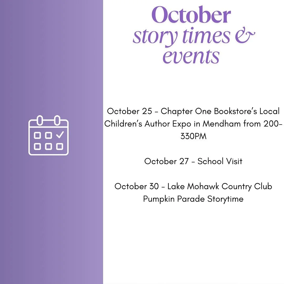 October Events &amp; story times 💜

I&rsquo;m back! 🐓☔️

October 25 - author expo @chapteronemendham 
October 27 - school visit storytime 
October 30 - storytime &amp; author table @lakemohawkcountryclub 

Which one will I see you at ?! 

#author #