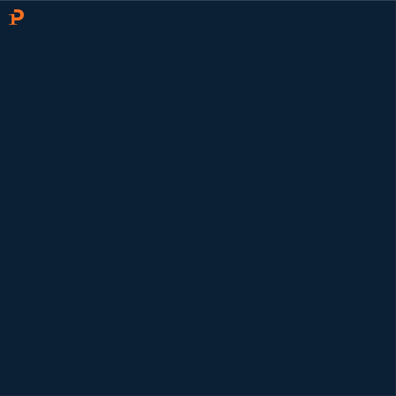 Das Bild enthält einen dunkelblauen Hintergrund mit einem orangenem Logo in der oberen linken Ecke, das ein stilisiertes 'P' ist.