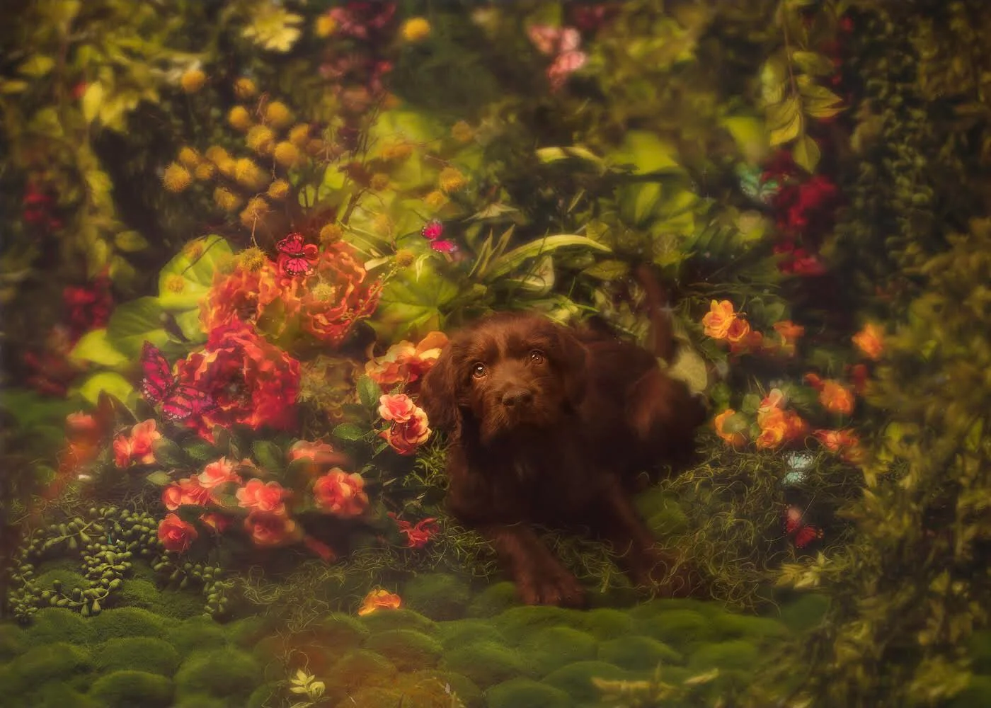 A brown puppy lying on green moss surrounded by pink, red, and orange flowers and lush green foliage.