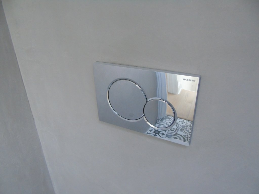A close-up of a Geberit dual-flush toilet button on a beige wall, reflecting part of a patterned floor and window.