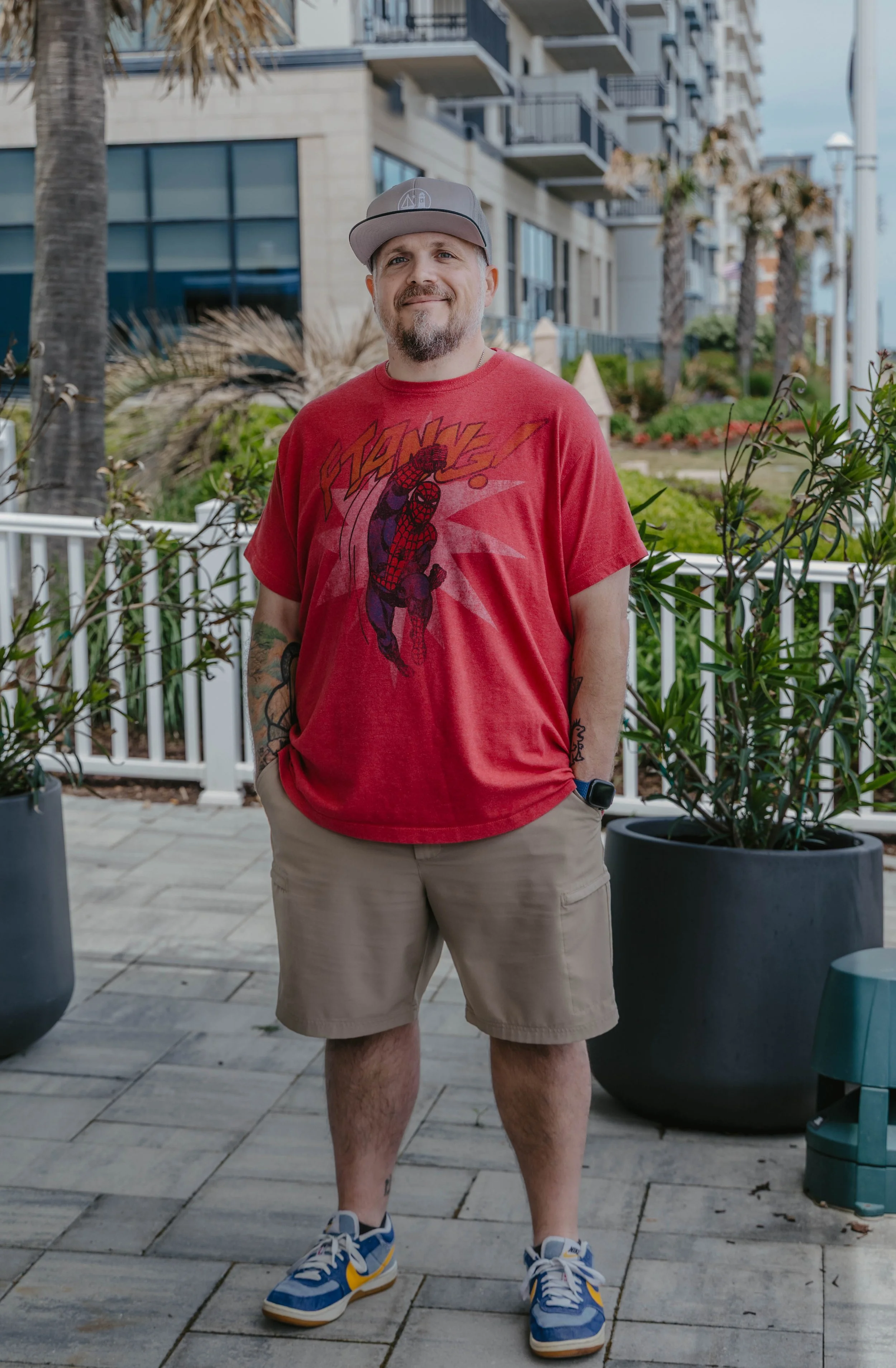 Chris Conley in a red Spider-Man shirt at the Virginia Beach oceanfront