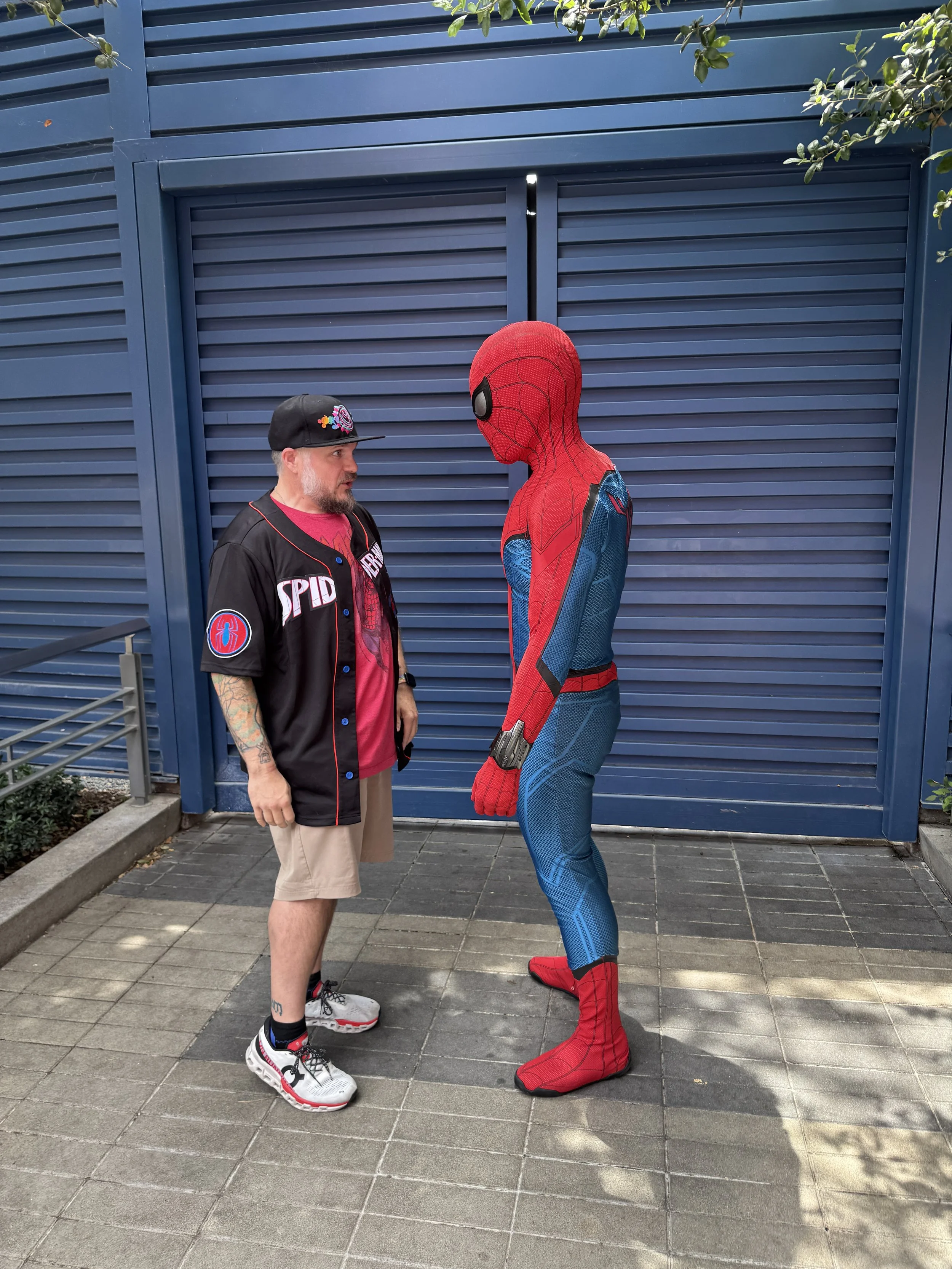 Chris Conley with Spider-Man at Avengers Campus
