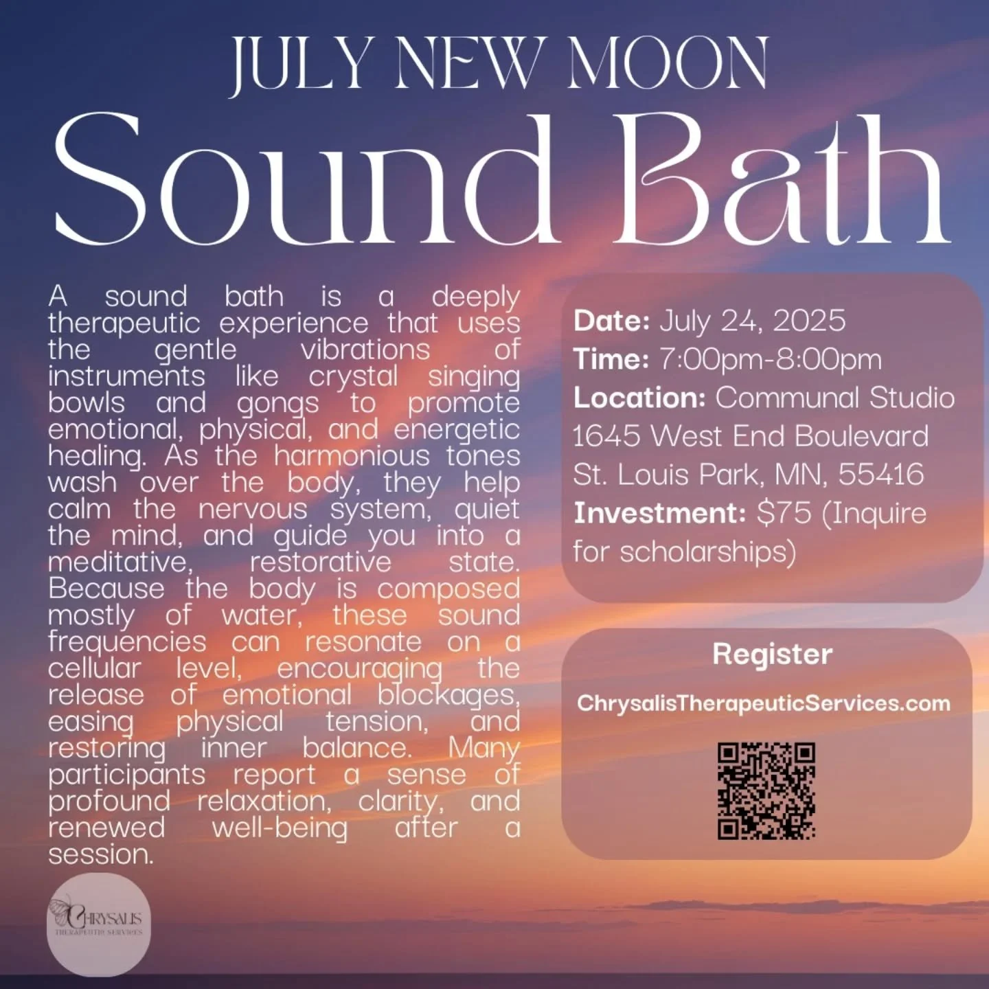 🌑 New Moon Renewal | Thursday, July 24th &bull; 7:00 PM &ndash; 8:00PM.  Join us for a healing sound bath under the July New Moon. 🌙✨

The New Moon invites fresh beginnings and emotional reset. Whether you're new to meditation or an experienced pra